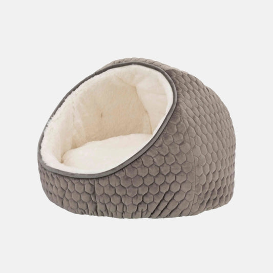 Das Bild zeigt die Trixie Kuschelhöhle Livia in der Farbe Taupe aus der Schrägansicht.