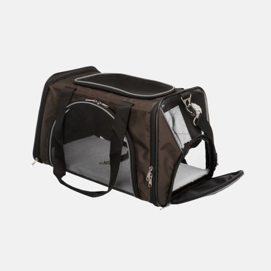 Das Bild zeigt die Trixie Tragetasche Joe in der Farbe Braun aus der Seitenansicht. Die Tragetasche hat die Maße 28 x 28 x 47 cm und ist für bis zu 10 KG ausgelegt.