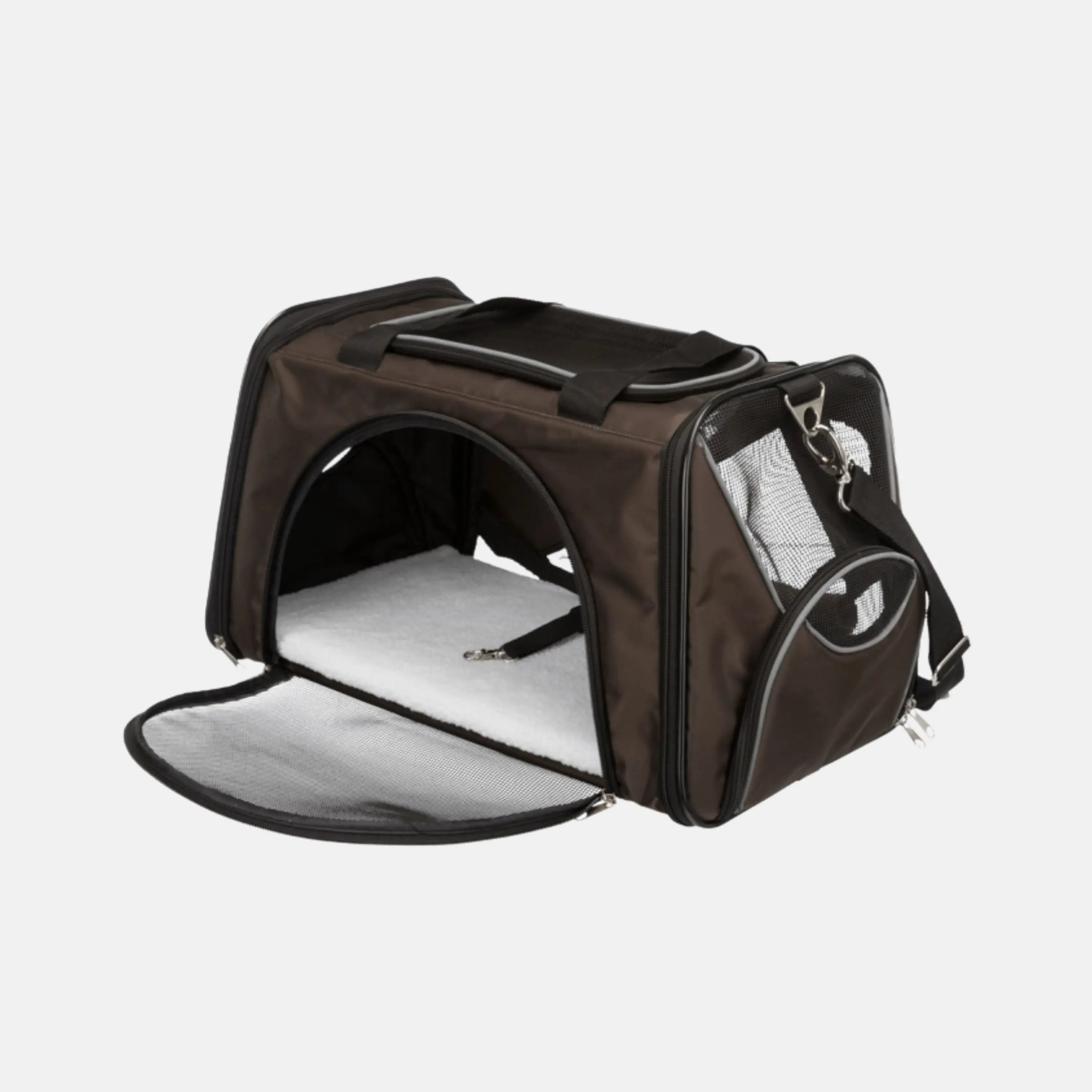 Das Bild zeigt die Trixie Tragetasche Joe in der Farbe Braun aus der Seitenansicht.