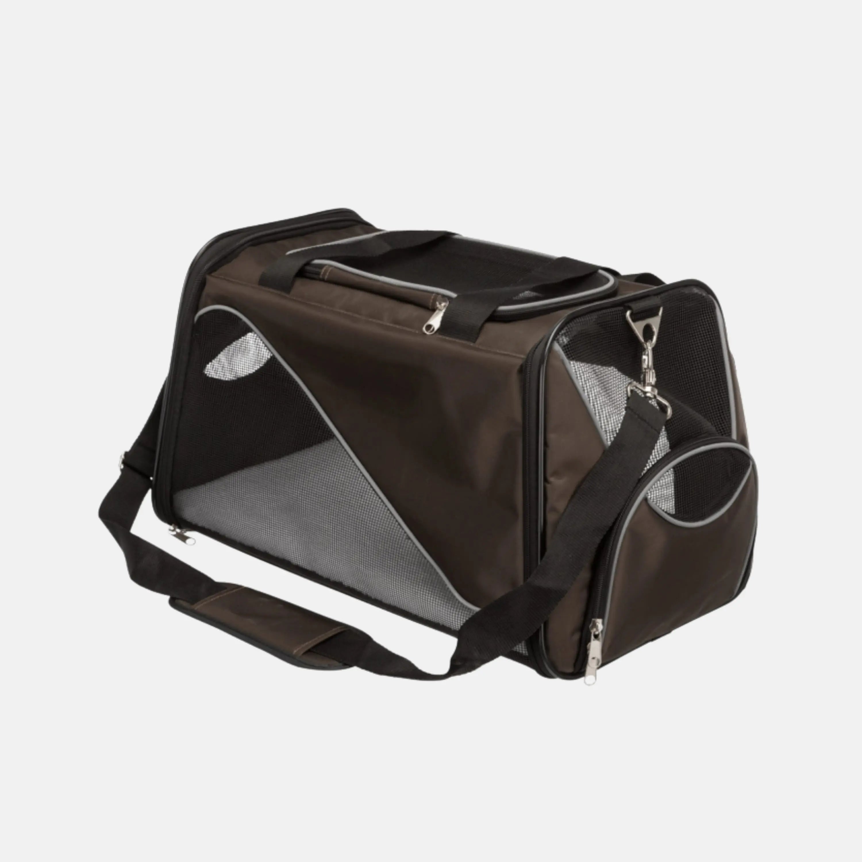 Das Bild zeigt die Trixie Tragetasche Joe in der Farbe Braun aus der Frontansicht. Die Tragetasche hat die Maße 28 x 28 x 47 cm und ist für bis zu 10 KG ausgelegt.