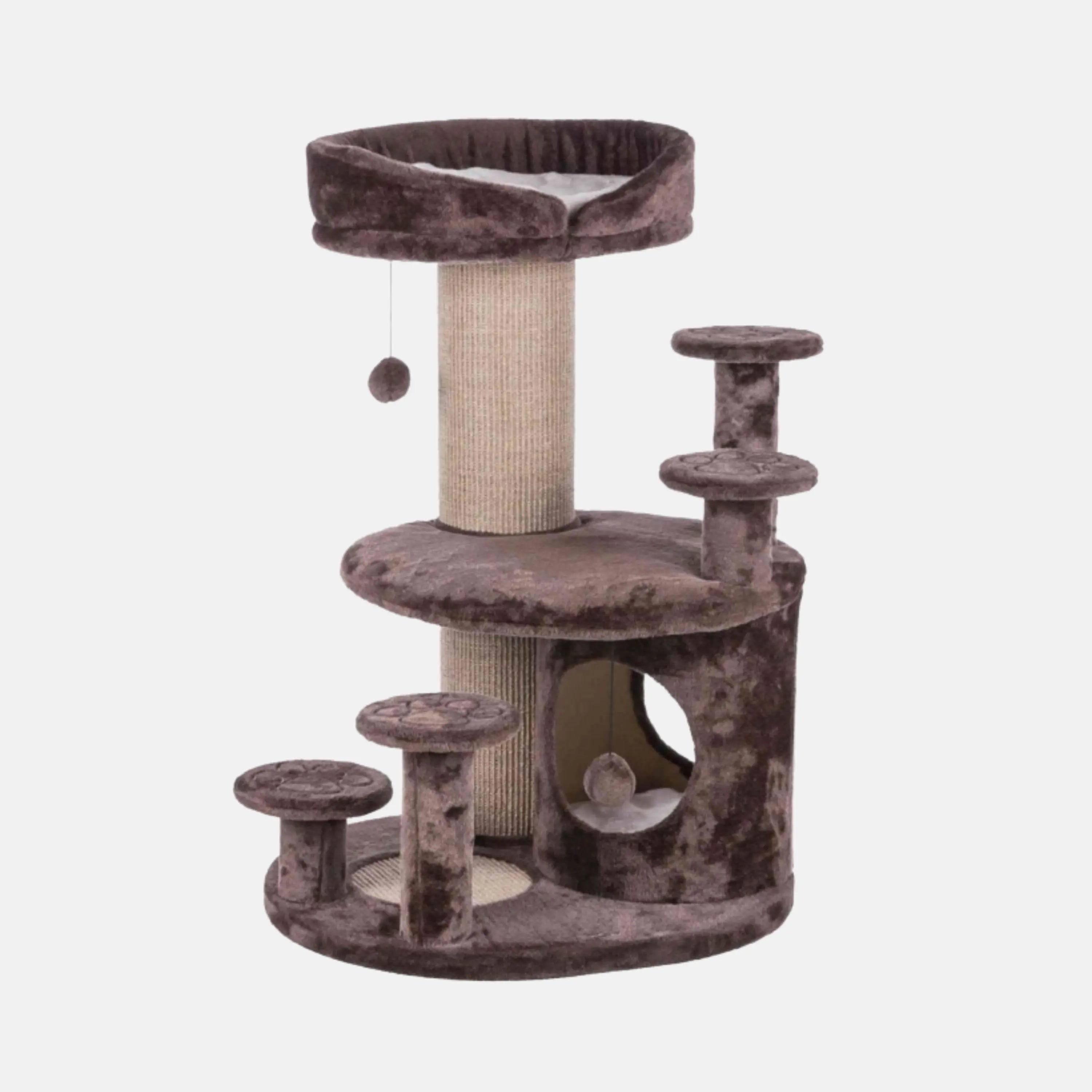 Das Bild zeigt den Trixie Senioren Kratzbaum Emil in Braun aus der Frontansicht. Der Kratzbaum verfügt über vier gepolsterte Aufstiegshilfen, einen extra dickem Sisalstamm, eine Höhle, gepolsterten Liegeplatten und abnehmbarem Kuschelbett mit Vital Kissen aus viskoelastischem Schaum.