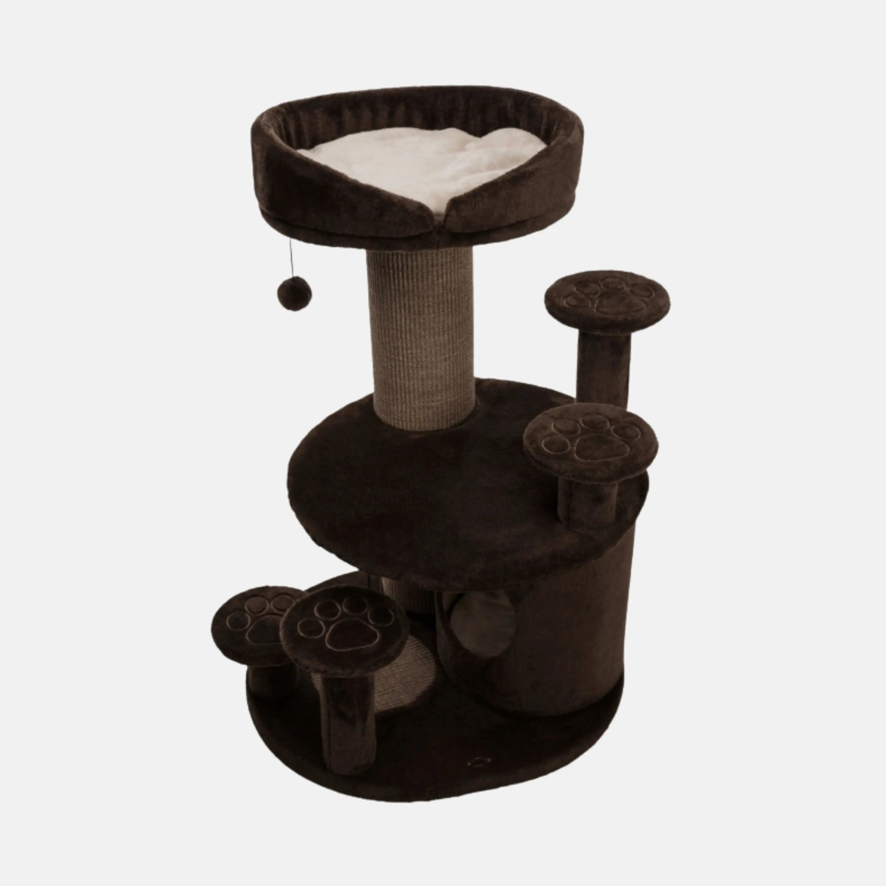 Das Bild zeigt den Trixie Senioren Kratzbaum Emil in Braun aus der Schrägansicht. Der Kratzbaum verfügt über vier gepolsterte Aufstiegshilfen, einen extra dickem Sisalstamm, eine Höhle, gepolsterten Liegeplatten und abnehmbarem Kuschelbett mit Vital Kissen aus viskoelastischem Schaum.