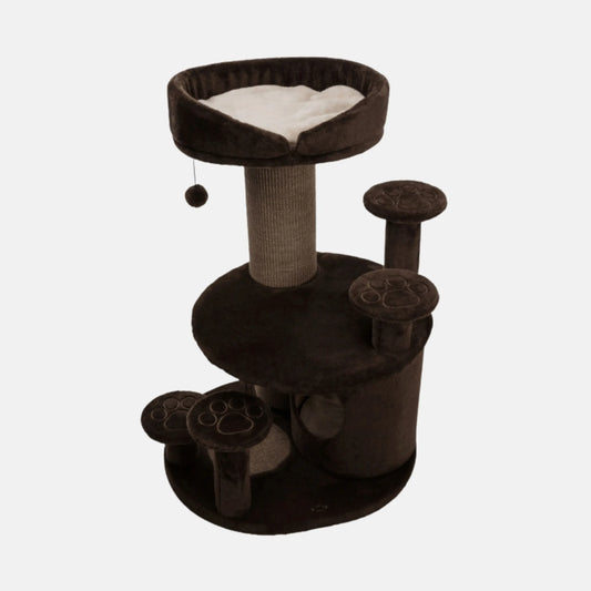Das Bild zeigt den Trixie Senioren Kratzbaum Emil in Braun aus der Schrägansicht. Der Kratzbaum verfügt über vier gepolsterte Aufstiegshilfen, einen extra dickem Sisalstamm, eine Höhle, gepolsterten Liegeplatten und abnehmbarem Kuschelbett mit Vital Kissen aus viskoelastischem Schaum.