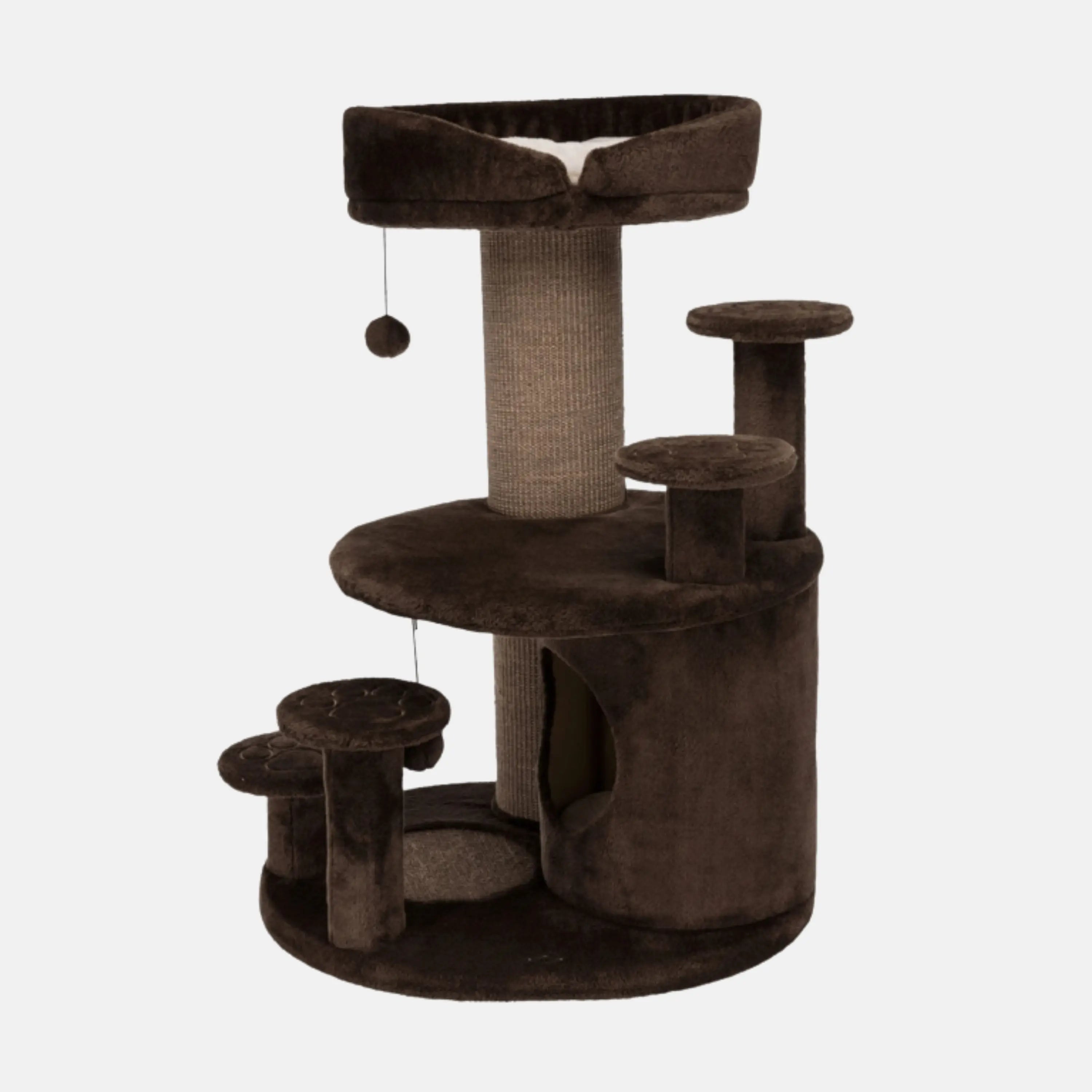 Das Bild zeigt den Trixie Senioren Kratzbaum Emil in Braun aus der Seitenansicht. Der Kratzbaum verfügt über vier gepolsterte Aufstiegshilfen, einen extra dickem Sisalstamm,  eine Höhle, gepolsterten Liegeplatten und abnehmbarem Kuschelbett mit Vital Kissen aus viskoelastischem Schaum.