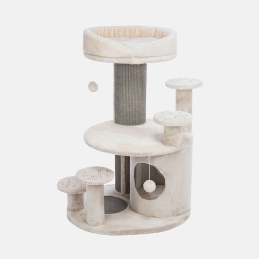 Das Bild zeigt den Trixie Senioren Kratzbaum Emil in Lichtgrau aus der Frontansicht. Der Kratzbaum verfügt über vier gepolsterte Aufstiegshilfen, einen extra dickem Sisalstamm,  eine Höhle, gepolsterten Liegeplatten und abnehmbarem Kuschelbett mit Vital Kissen aus viskoelastischem Schaum.