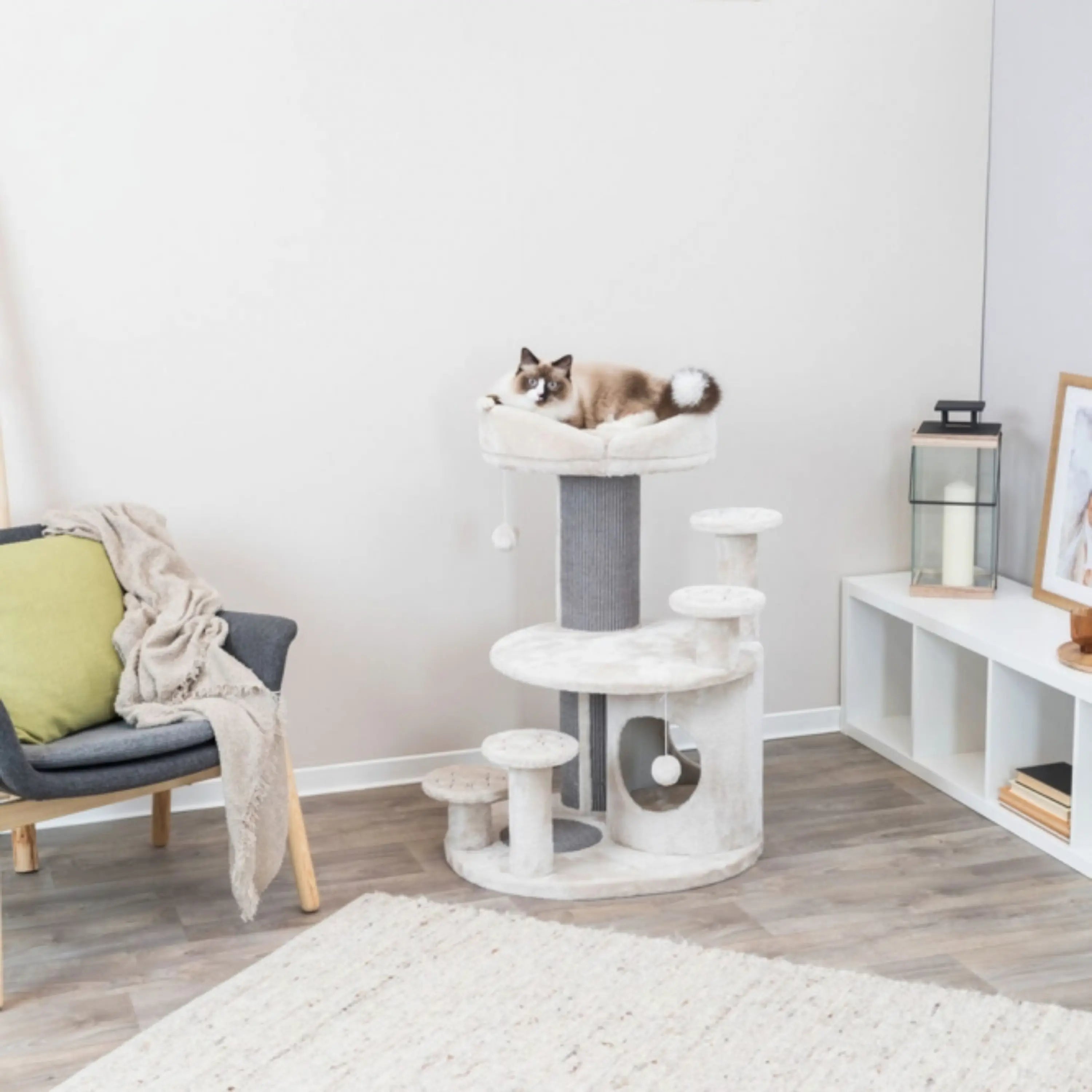 Das Bild zeigt den Trixie Senioren Kratzbaum Emil in Lichtgrau. Dieser steht im Wohnzimmer und eine braune Katze befindet sich auf der Liegefläche.