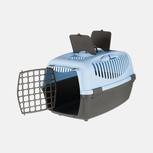 Das Bild zeigt die Trixie Transportbox Capri III in der Farbe Blau aus der Seitenansicht.