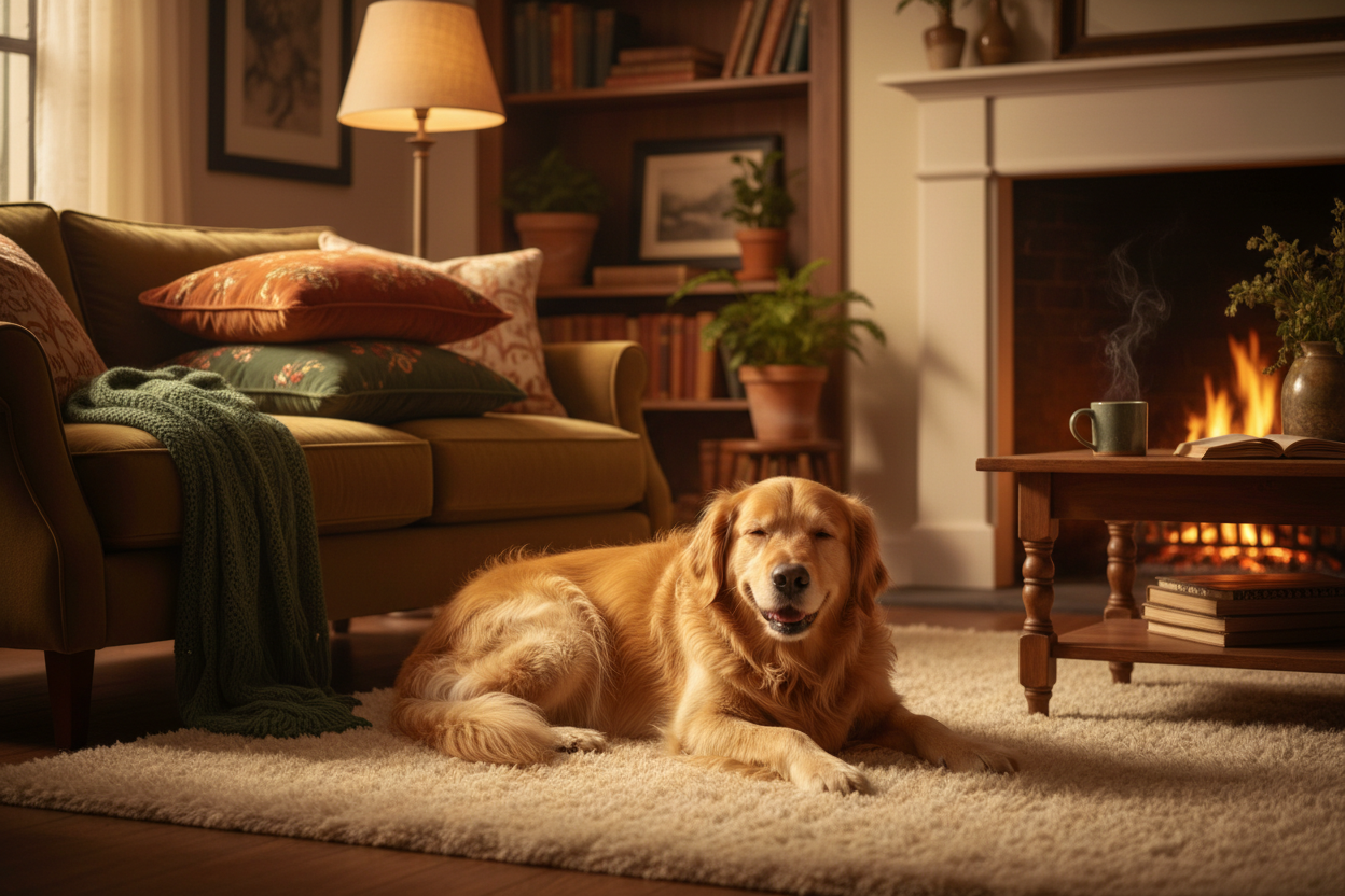 Ein Hund, der im Wohnzimmer liegt und sich sichtlich wohlfühlt