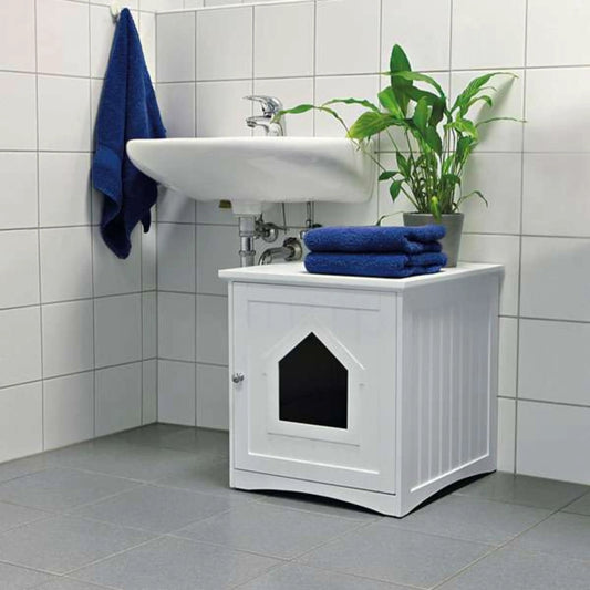 Das Bild zeigt das Trixie Katzenhaus z.B. für Toiletten in der Farbe Weiß. Auf dem Bild ist es unter einem Waschbecken im Badezimmer platziert.