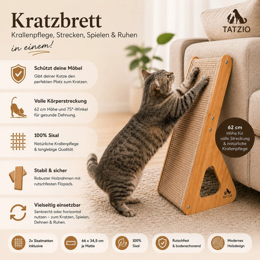 Tatzio Kratzbrett aus Holz für Katzen. Die Katze kratzt auf der Sisalmatte. Das Bild zeigt alle Eigenschaften von dem Kratzbrett.