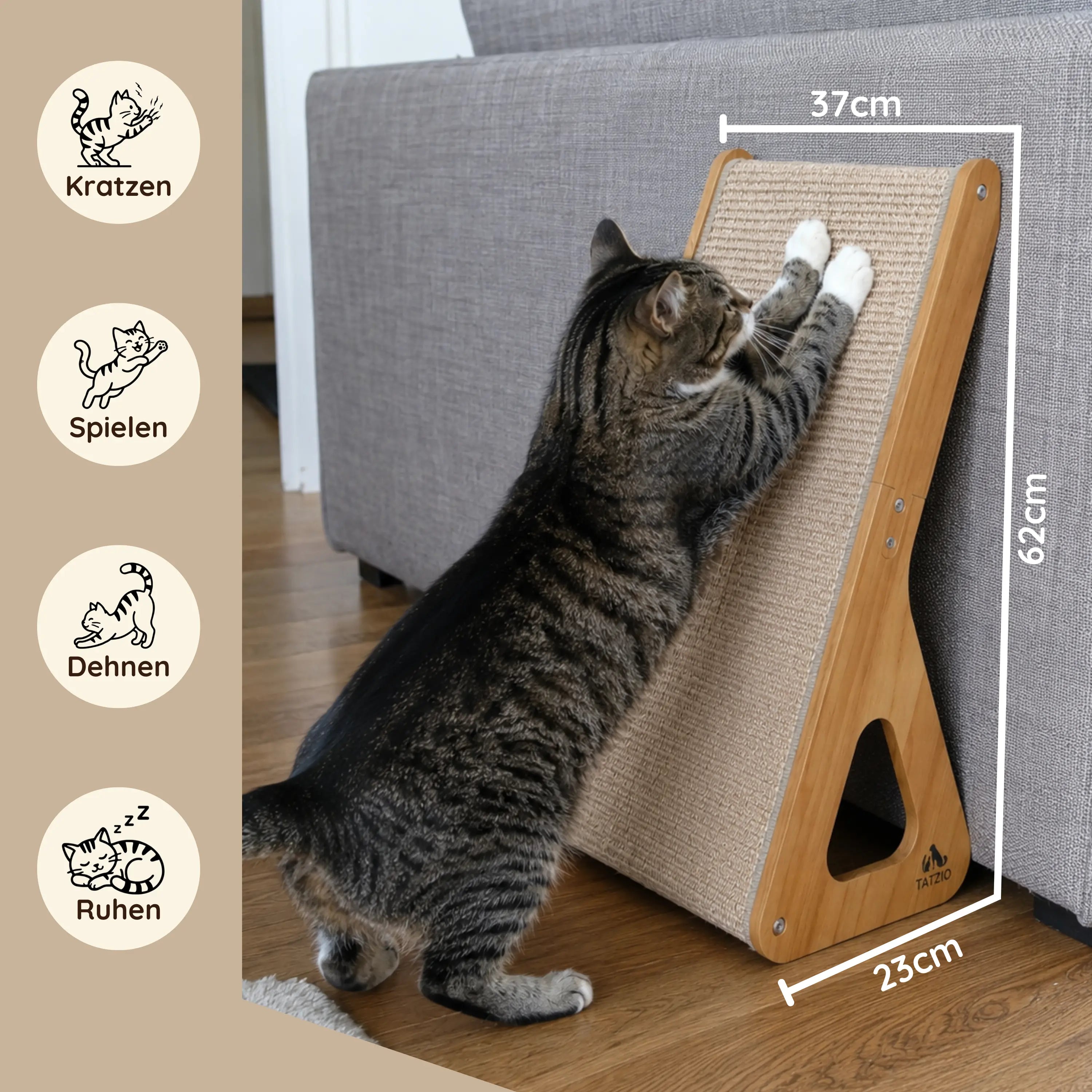 TATZIO Kratzbrett Katze aus Holz mit Sisal – Maße 37x23x62 cm, für Kratzen, Spielen, Dehnen und Ruhen.