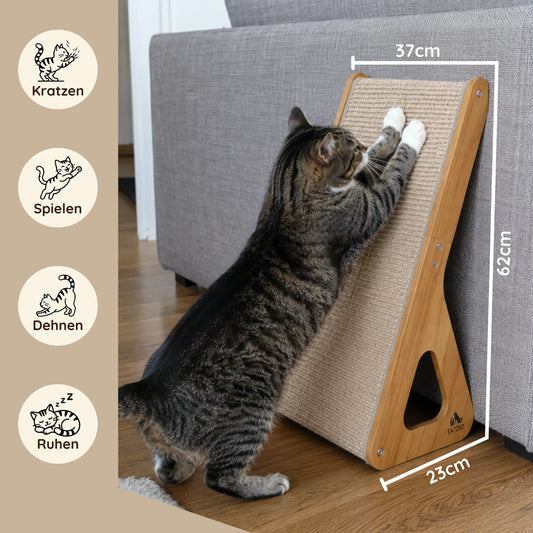 TATZIO Kratzbrett Katze aus Holz mit Sisal – Maße 37x23x62 cm, für Kratzen, Spielen, Dehnen und Ruhen.