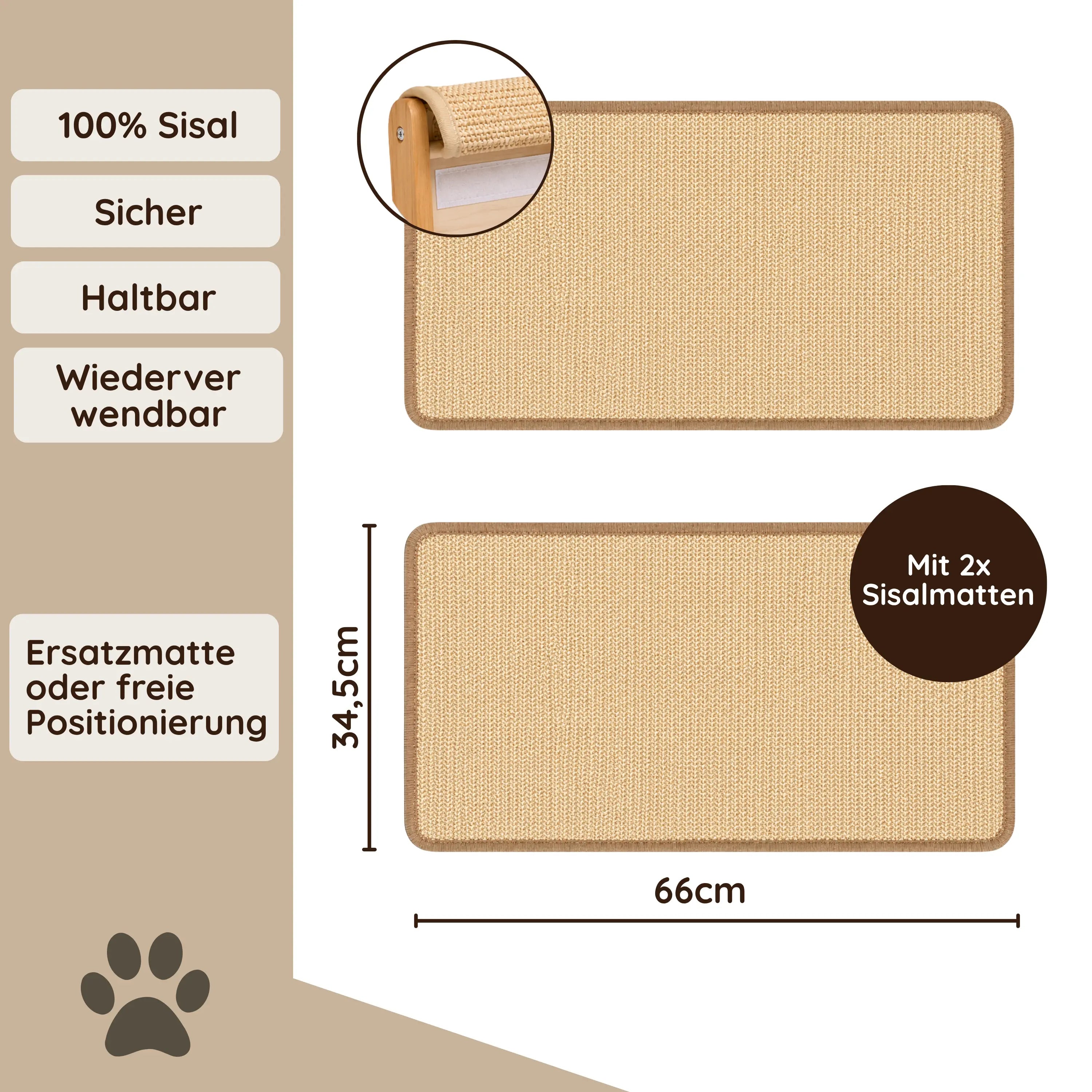 TATZIO Sisalmatte 66x34,5 cm aus 100% Sisal – sicher, haltbar, Ersatzmatte inklusive.