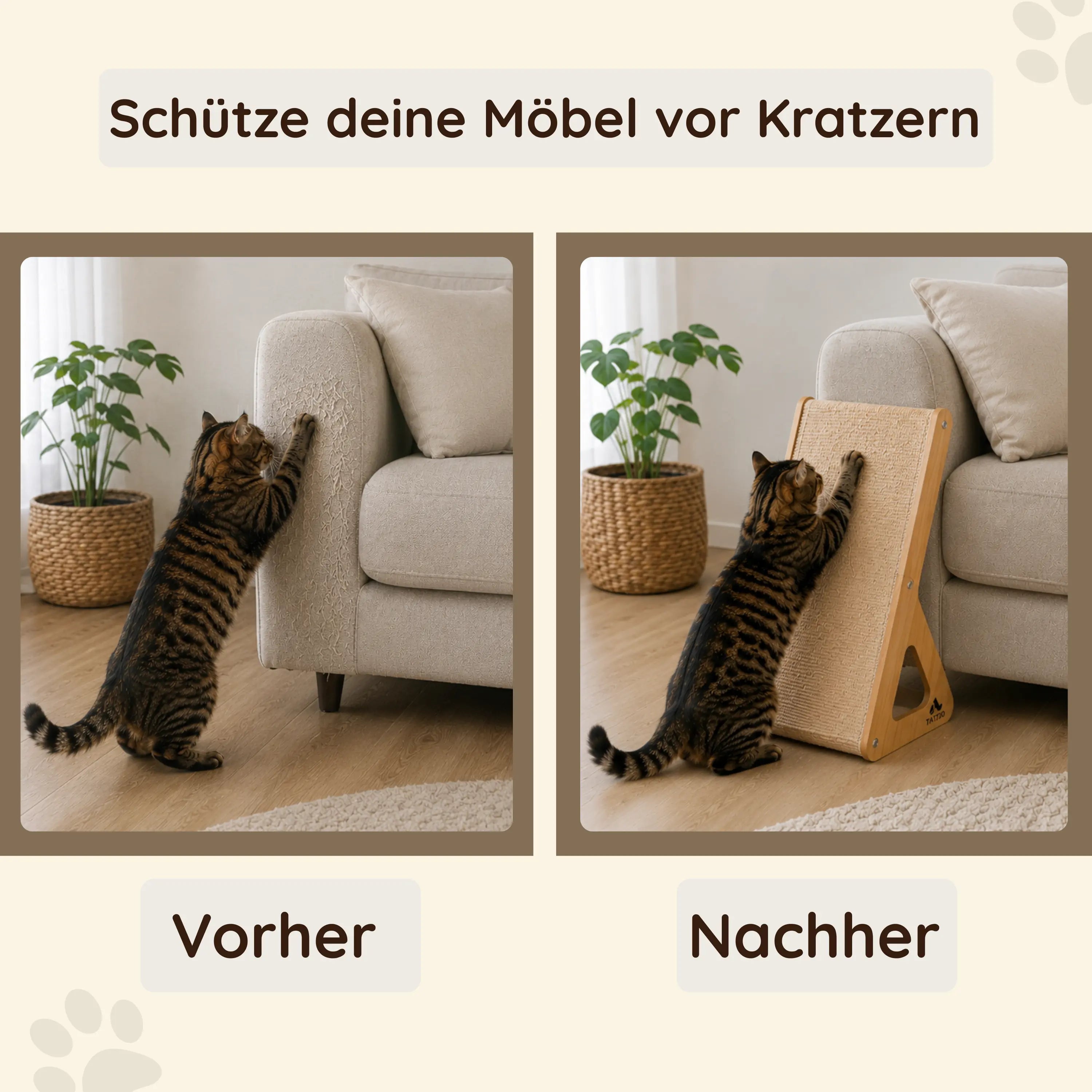 Katze kratzt Sofa (Vorher) vs. Katze nutzt TATZIO Holzkratzbrett mit Sisal (Nachher) – Möbelschutz.