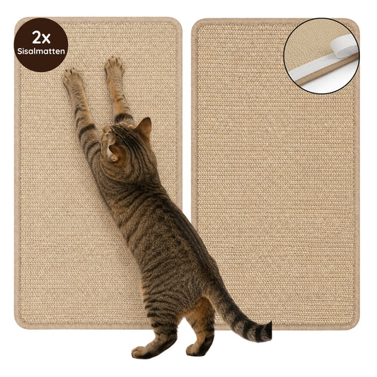TATZIO Sisalmatte Katze 2er Set – Kratzmatte mit Klettverschluss, Katze beim Strecken.