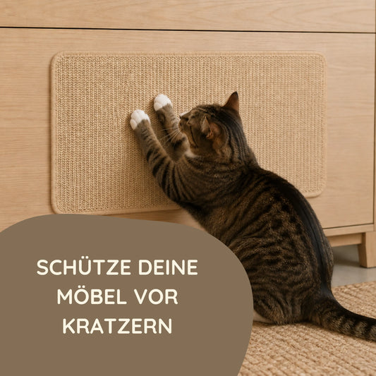 Sisalmatte Katze an Möbel – TATZIO Kratzmatte schützt Schränke vor Kratzspuren.