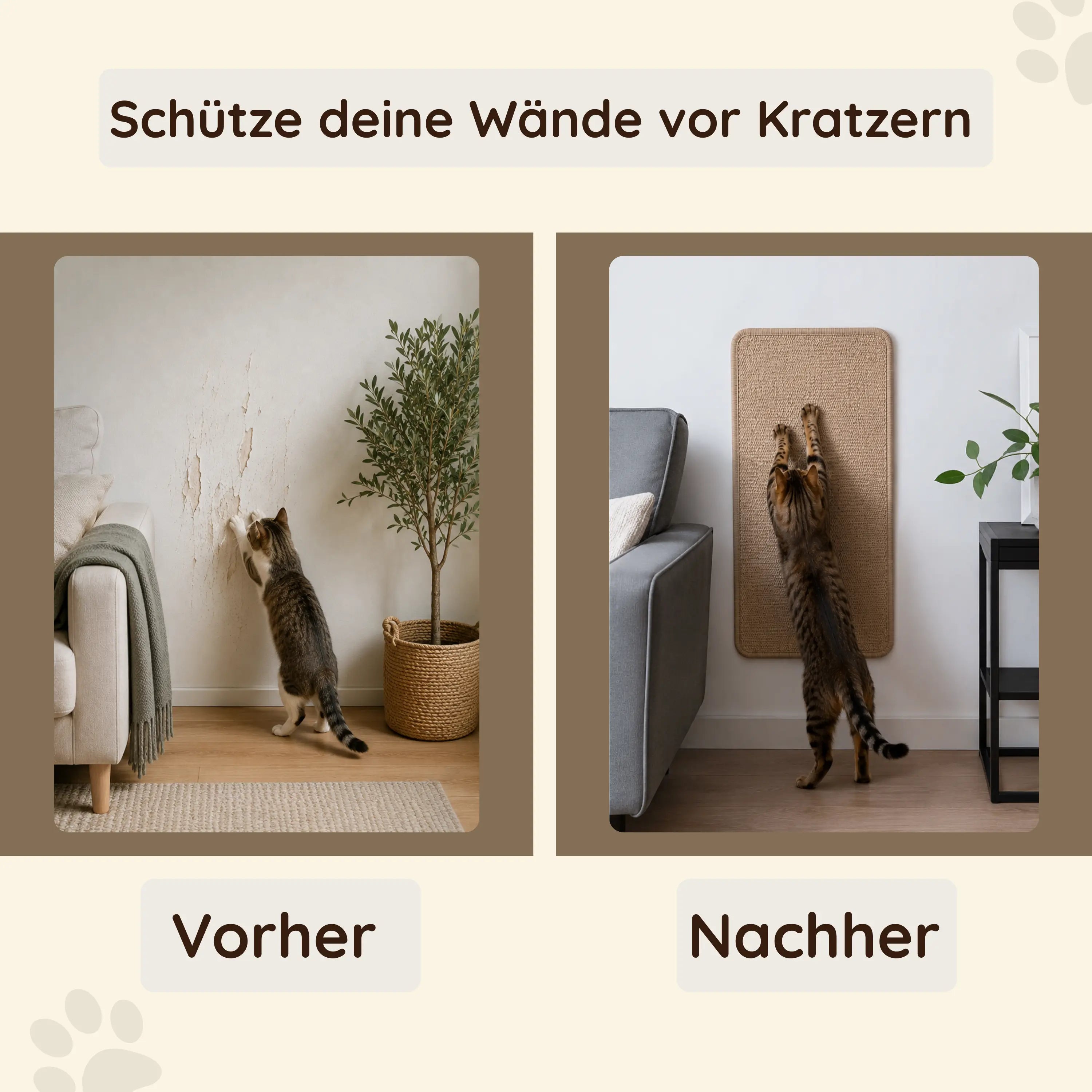 Sisalmatte Katze Wandschutz – Vorher Wand zerkratzt, Nachher TATZIO Kratzmatte schützt.